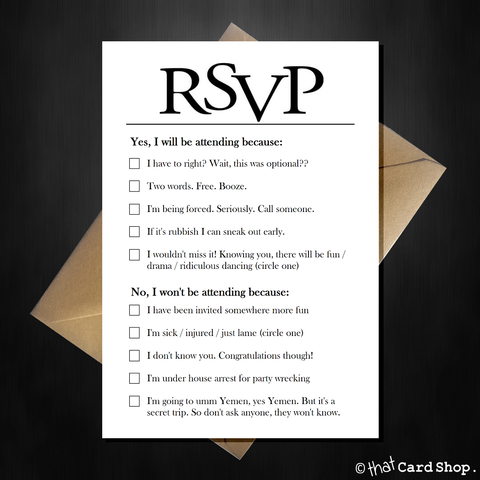 Joke RSVP card with hilarious options, funny comedy acceptance