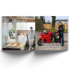 Two images showing a person in a hospital bed and a person with a red motorcycle, with humorous text.