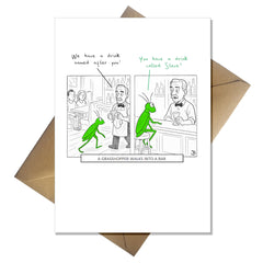 Funny Joke Birthday Card – A Grasshopper Walks into a Bar... Cartoon Pun