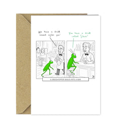 Funny Joke Birthday Card – A Grasshopper Walks into a Bar... Cartoon Pun