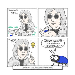 Funny Beatles Birthday Card – Cartoon John Lennon needs a band name