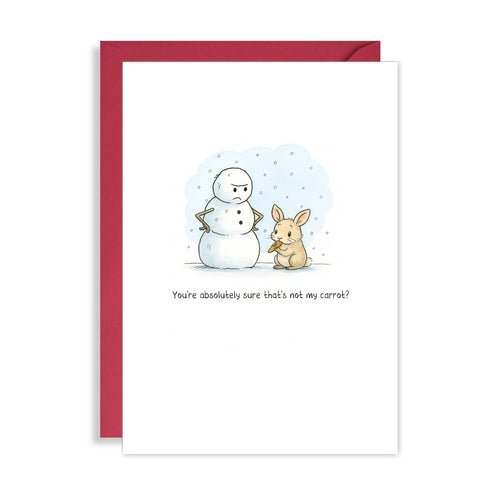 Funny Cute Snowman Christmas Card – Dad Joke Xmas Card with Bunny & Carrot