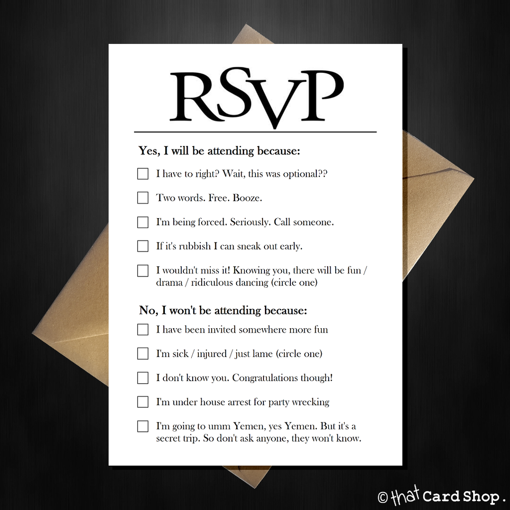 Joke RSVP card with hilarious options, funny comedy acceptance - That Card Shop