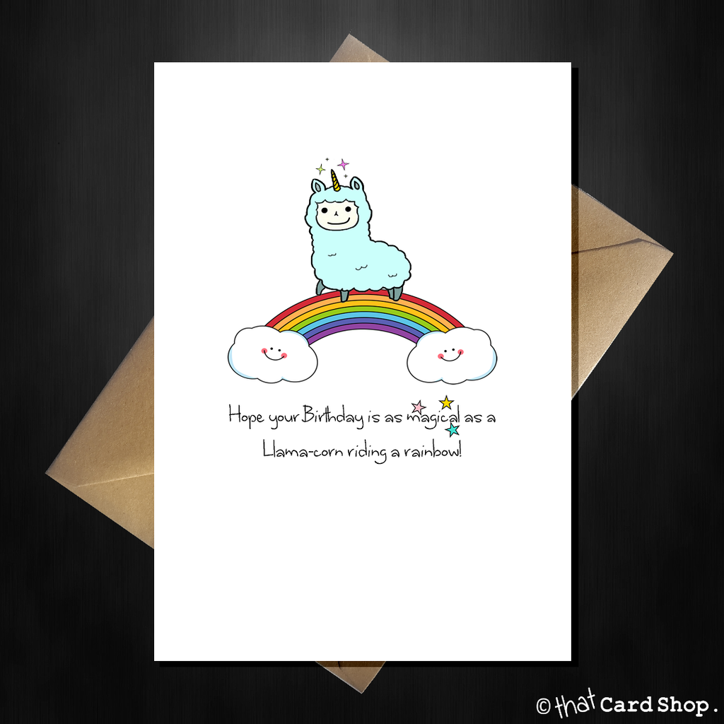 Funny Birthday Card - Cute Llama-corn on a rainbow wishes you a magical Birthday - That Card Shop