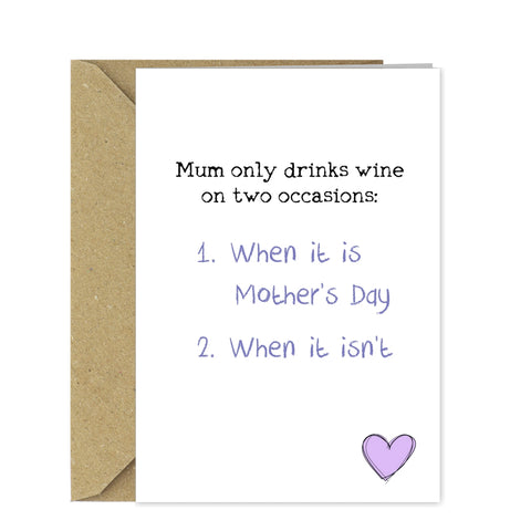 Funny Mothers Day Card - Mum only drinks wine on 2 occasions...